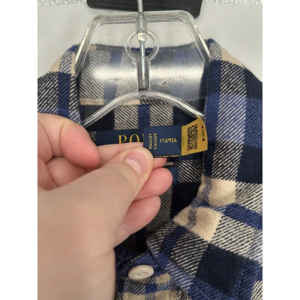 Polo Ralph Lauren Flannel Shirt Men Small White Blue Plaid Performance Button Up